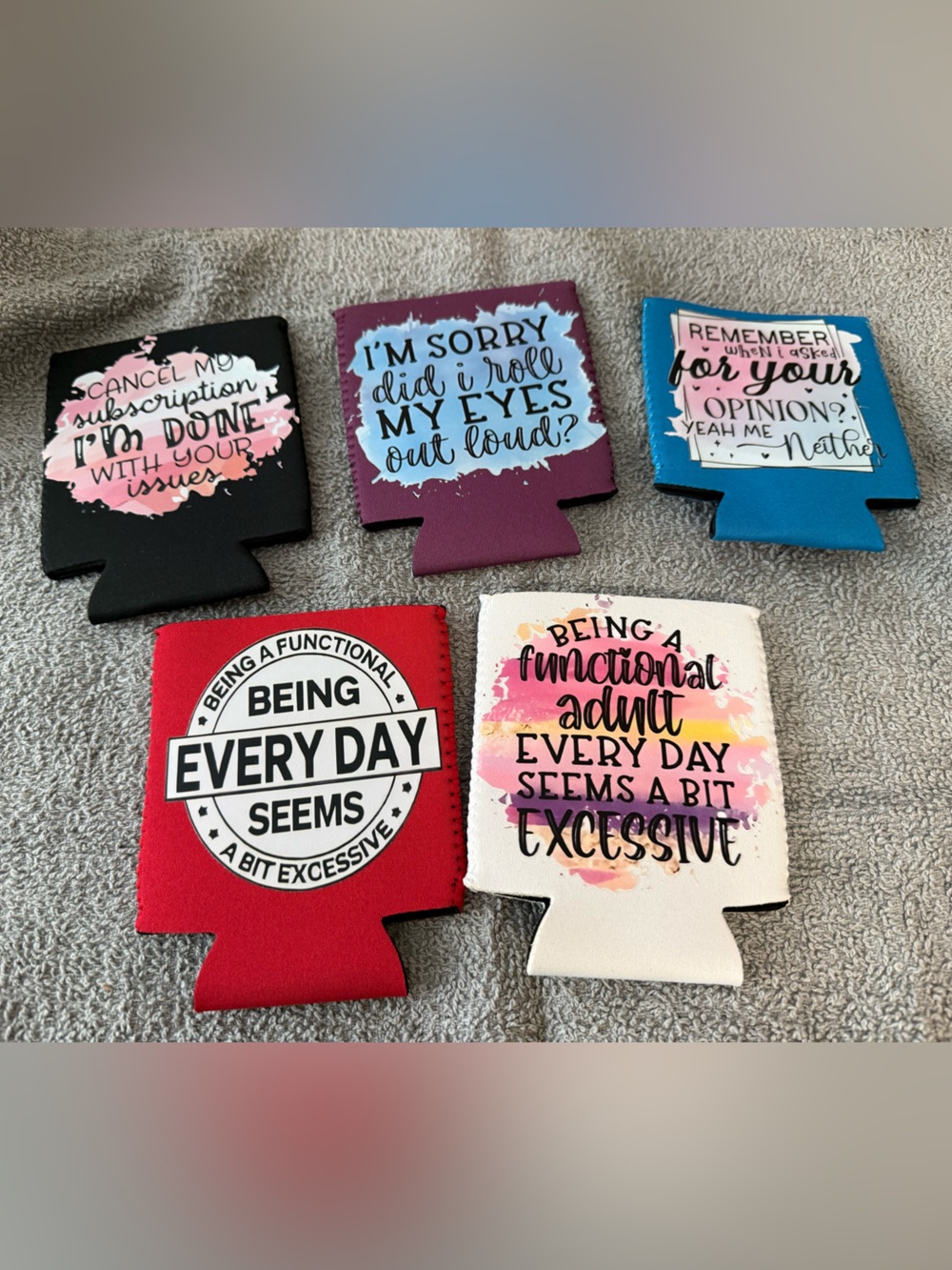 Hot off the press! Set of 5 Graphic Can Cooler Koozies